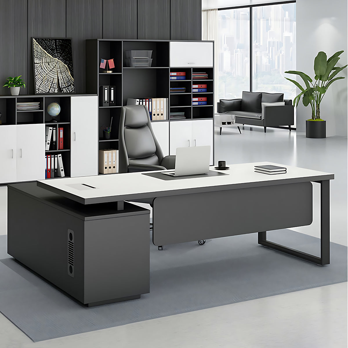 ArvionFurn L-Shaped Executive Desk Set with Side Cabinet, Filing Cabinets & Office Chair