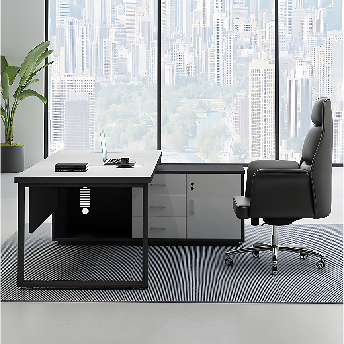 ArvionFurn L-Shaped Executive Desk Set with Side Cabinet, Filing Cabinets & Office Chair