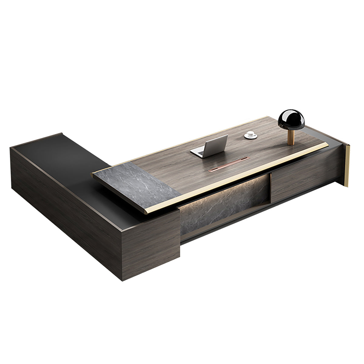 ArvionFurn Luxury L-Shaped Executive Desk with Aluminum Trim & Champagne Gold Cable Box