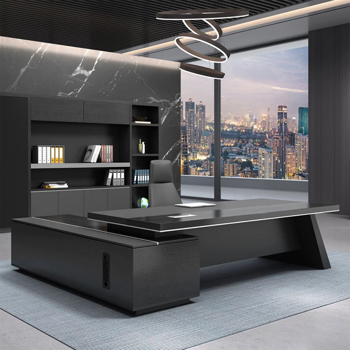 ArvionFurn Black L-Shaped Executive Desk, 180–260cm, Optional Office Chair & Filing Cabinet