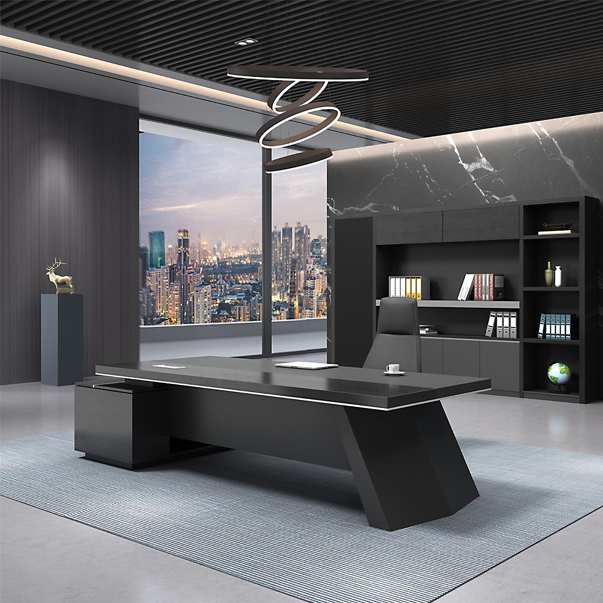 ArvionFurn Black L-Shaped Executive Desk, 180–260cm, Optional Office Chair & Filing Cabinet