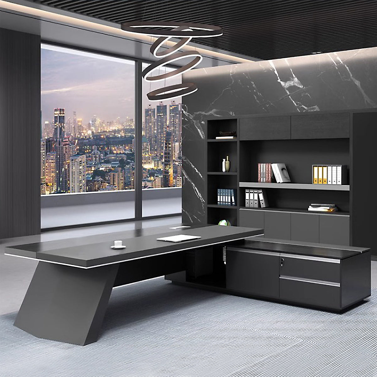 ArvionFurn Black L-Shaped Executive Desk, 180–260cm, Optional Office Chair & Filing Cabinet