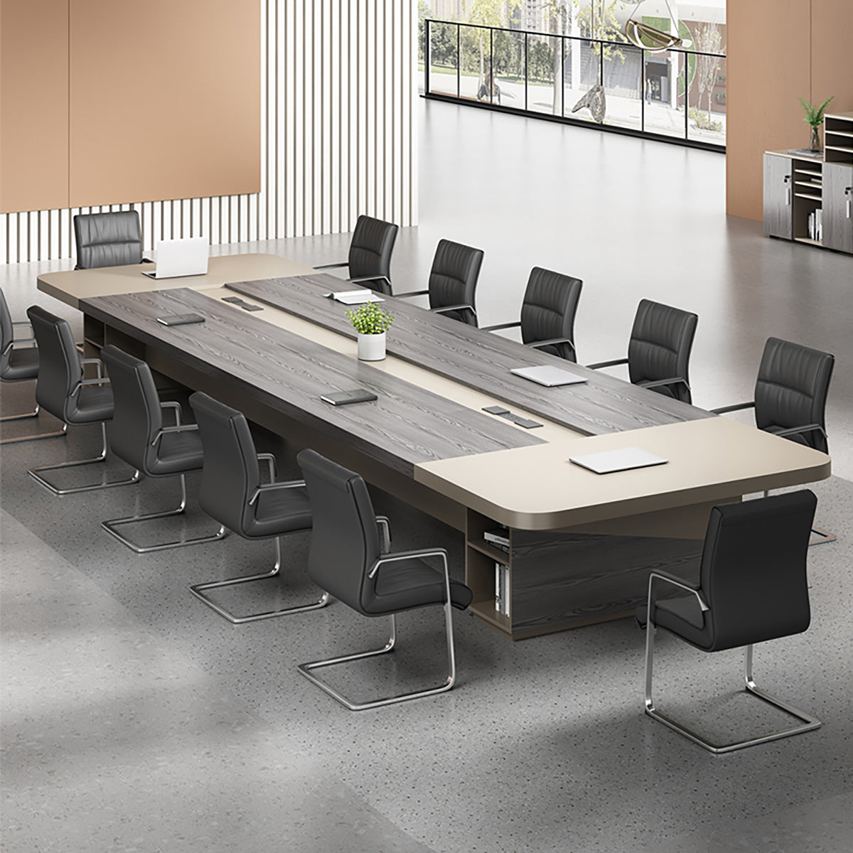 Modern Rectangular Conference Table with Cable Management and Storage Cabinets for Office Meeting Rooms