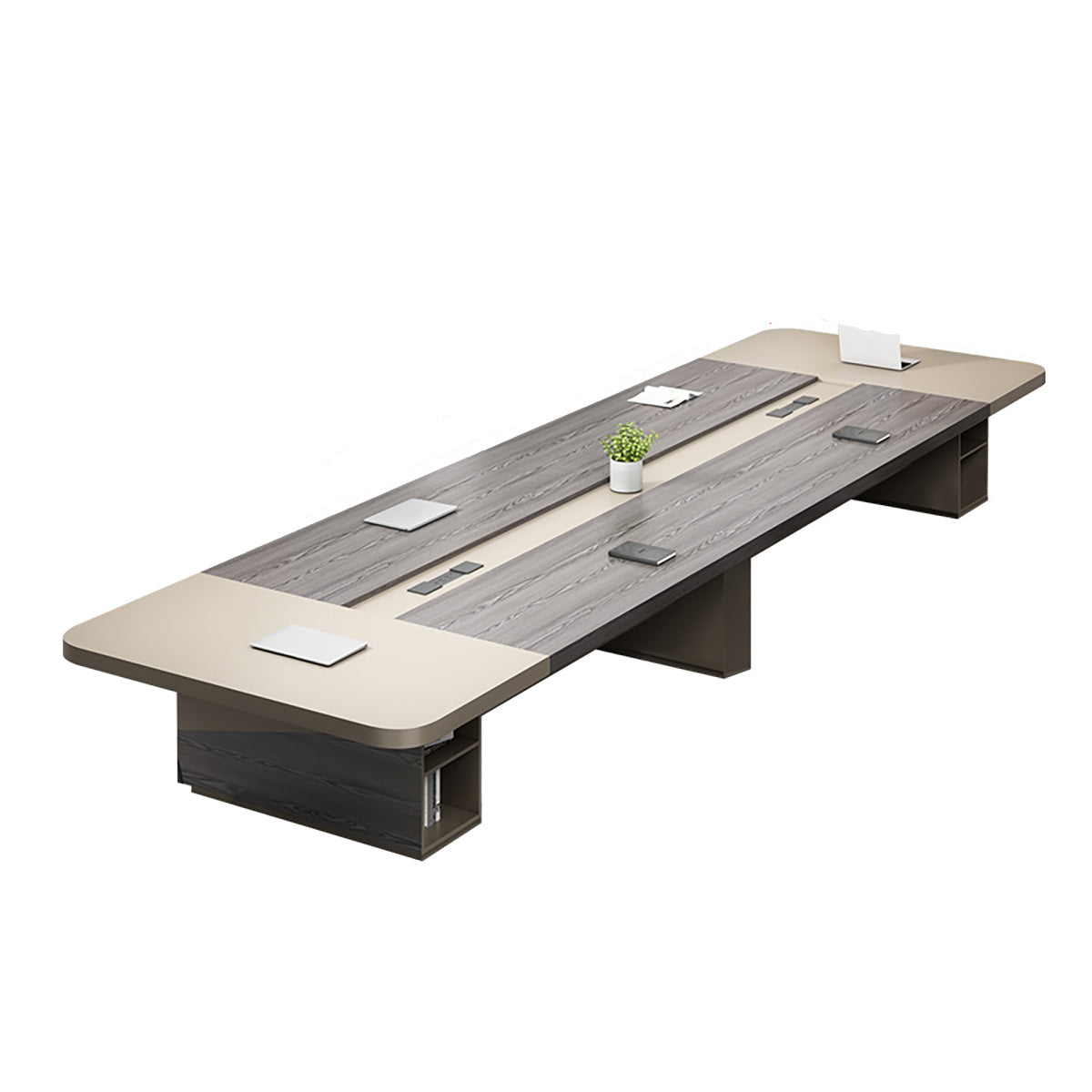 Modern Rectangular Conference Table with Cable Management and Storage Cabinets for Office Meeting Rooms
