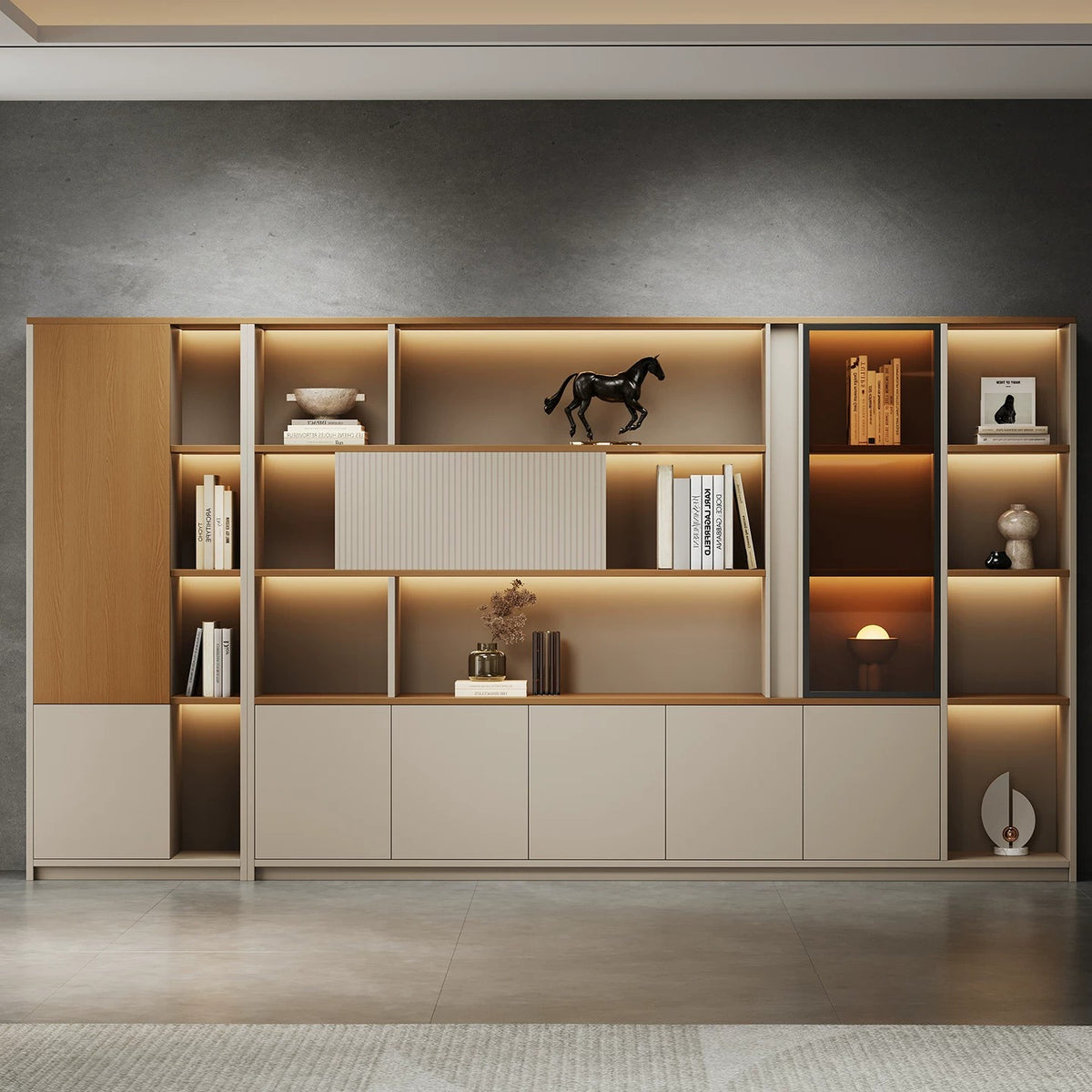 ArvionFurn Modern Office Storage Cabinet with LED Lighting, 2–12 Doors, 80–480cm, Khaki or Gray