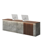 ArvionFurn Slatted Lacquer Reception Counter with LED Ambient Lighting, 120–520cm, Custom Logo