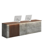 ArvionFurn Slatted Lacquer Reception Counter with LED Ambient Lighting, 120–520cm, Custom Logo