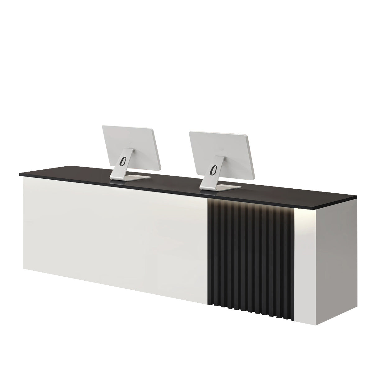 ArvionFurn Slatted Lacquer Reception Counter with LED Ambient Lighting, 120–520cm, Custom Logo