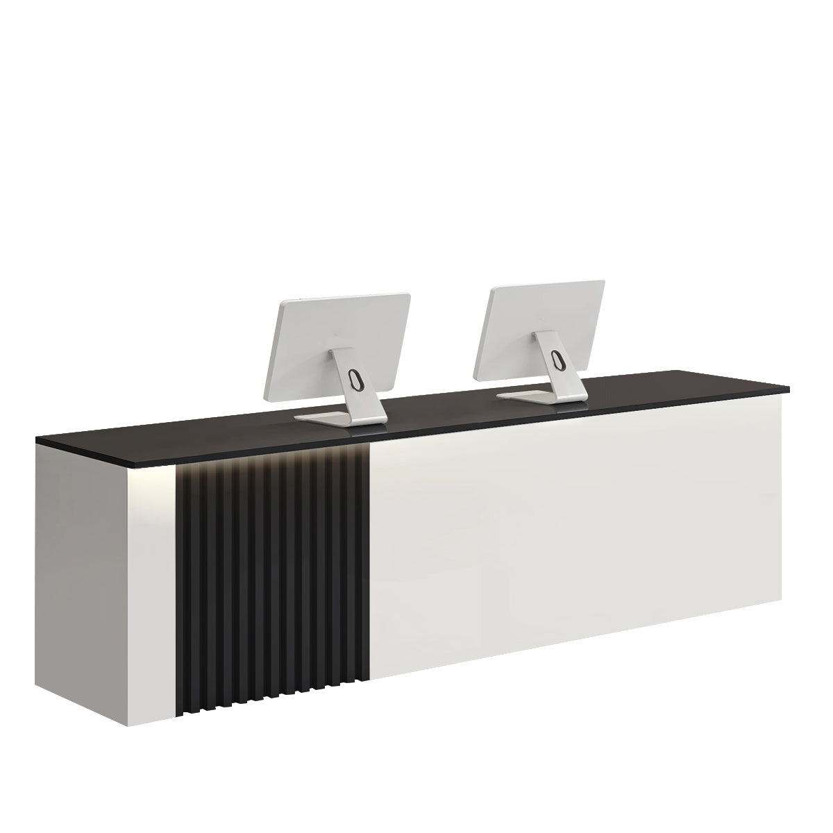 ArvionFurn Slatted Lacquer Reception Counter with LED Ambient Lighting, 120–520cm, Custom Logo