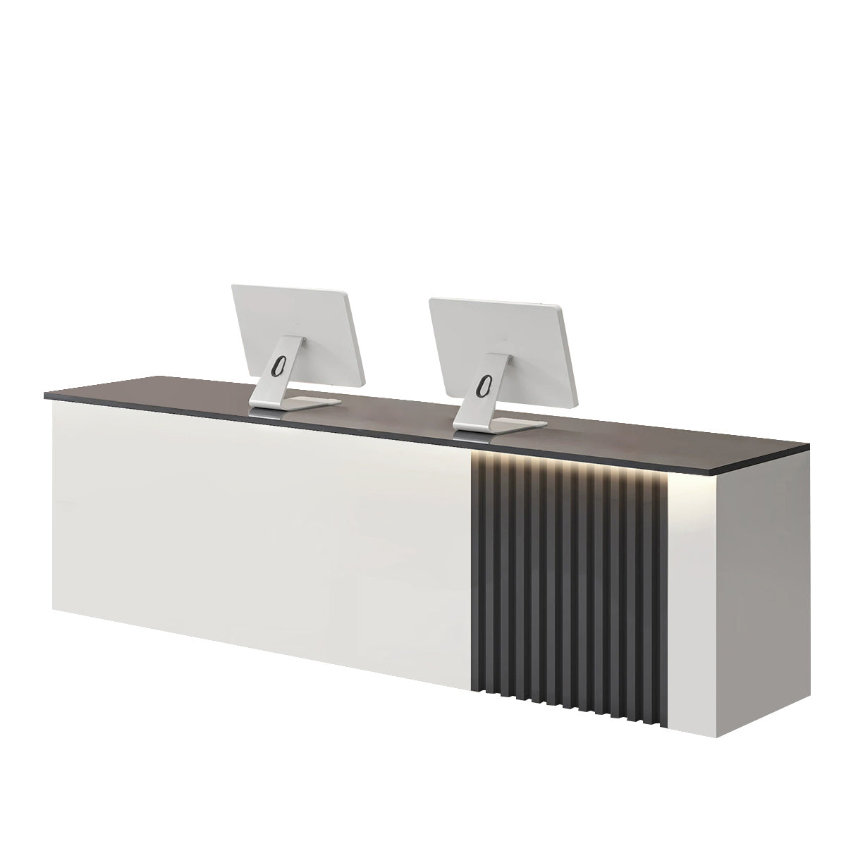 ArvionFurn Slatted Lacquer Reception Counter with LED Ambient Lighting, 120–520cm, Custom Logo