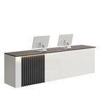 ArvionFurn Slatted Lacquer Reception Counter with LED Ambient Lighting, 120–520cm, Custom Logo