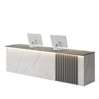 ArvionFurn Slatted Lacquer Reception Counter with LED Ambient Lighting, 120–520cm, Custom Logo