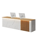 ArvionFurn Slatted Lacquer Reception Counter with LED Ambient Lighting, 120–520cm, Custom Logo