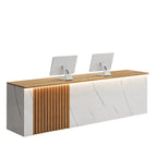 ArvionFurn Slatted Lacquer Reception Counter with LED Ambient Lighting, 120–520cm, Custom Logo