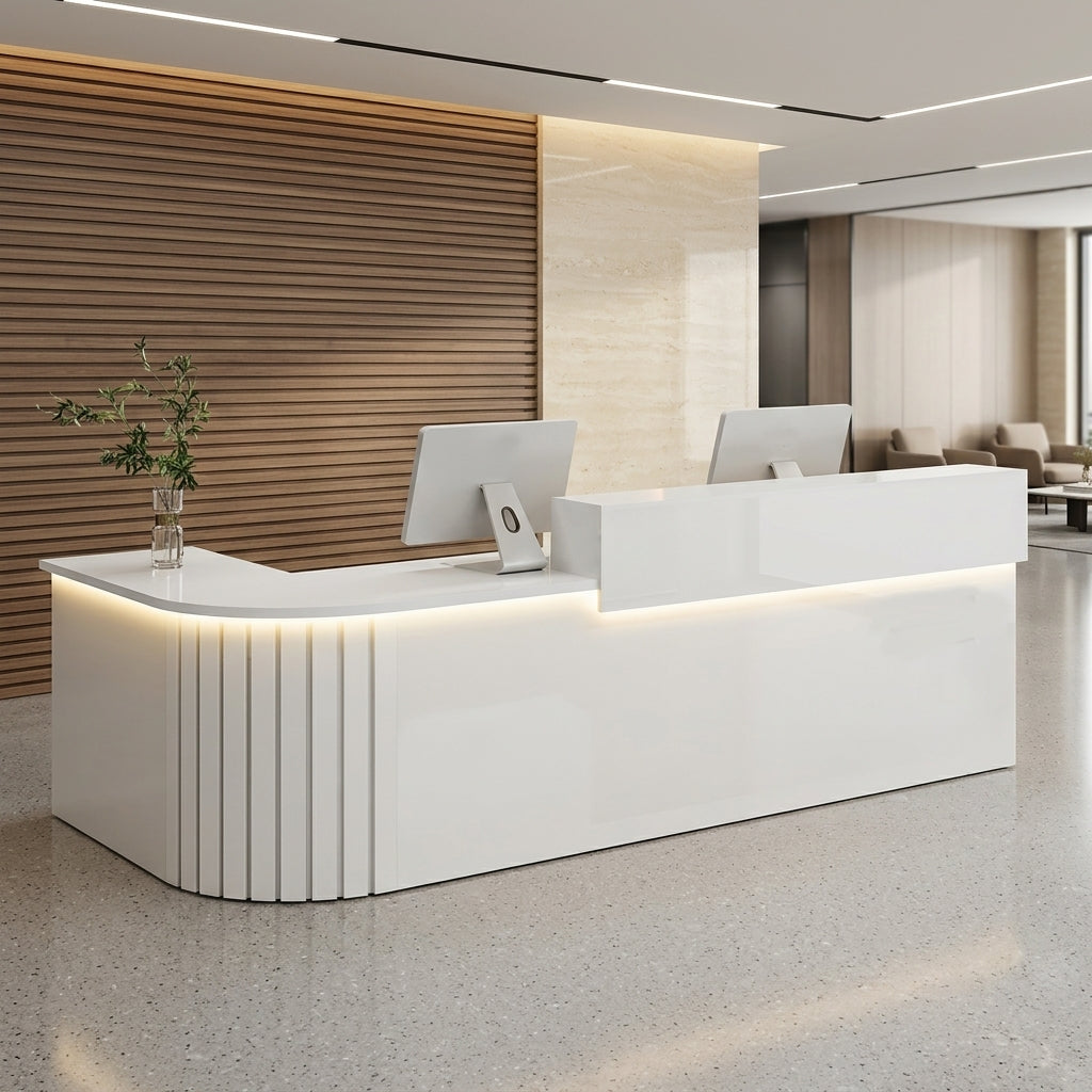 L-Shaped Reception Counter Curved Desk LED Light 120–500cm