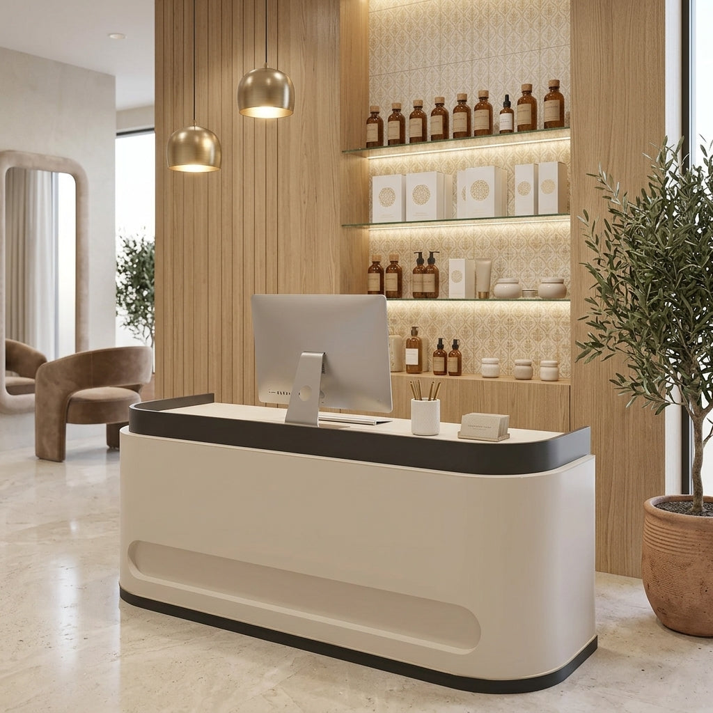 Cream Style Curved Reception Desk Retail Counter 100–400cm MDF