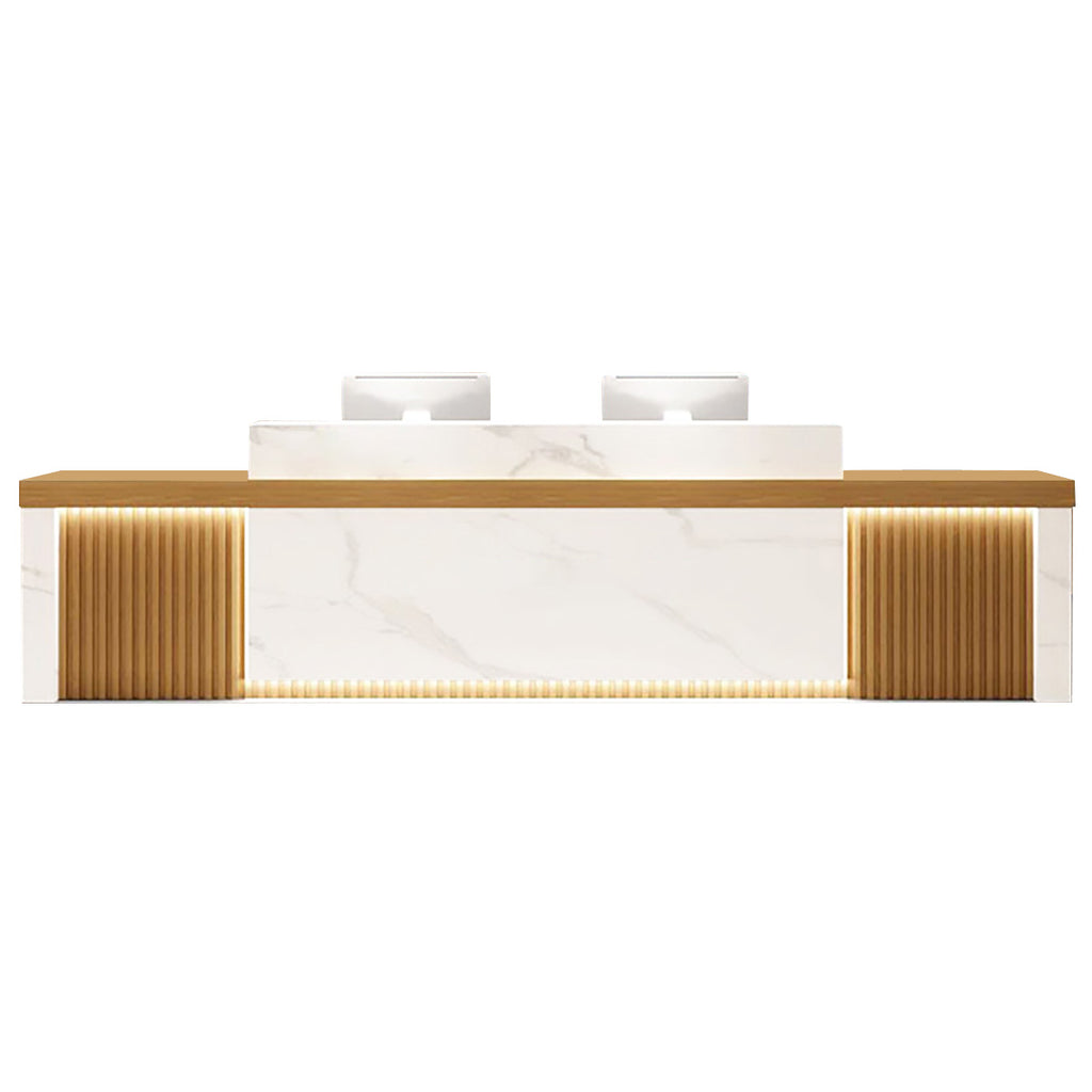 Modern Reception Desk Slatted Panel Counter LED 120–600cm White Light Gray