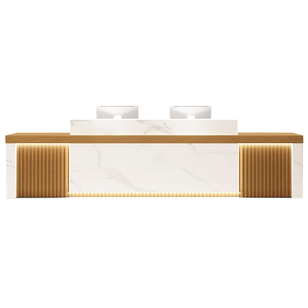 Modern Reception Desk Slatted Panel Counter LED 120–600cm White Light Gray