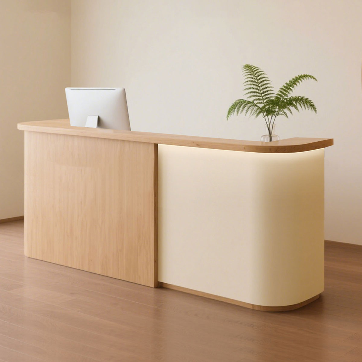 Natural Style Curved Reception Desk with Storage for Salon, Retail & Office | ArvionFurn