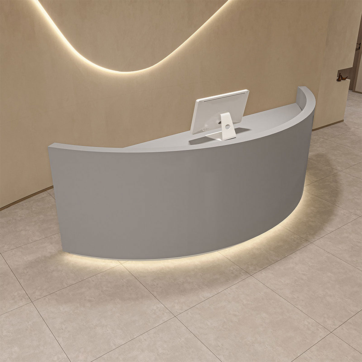 Modern Curved Reception Desk with LED Lighting and Storage for Salon & Retail | ArvionFurn