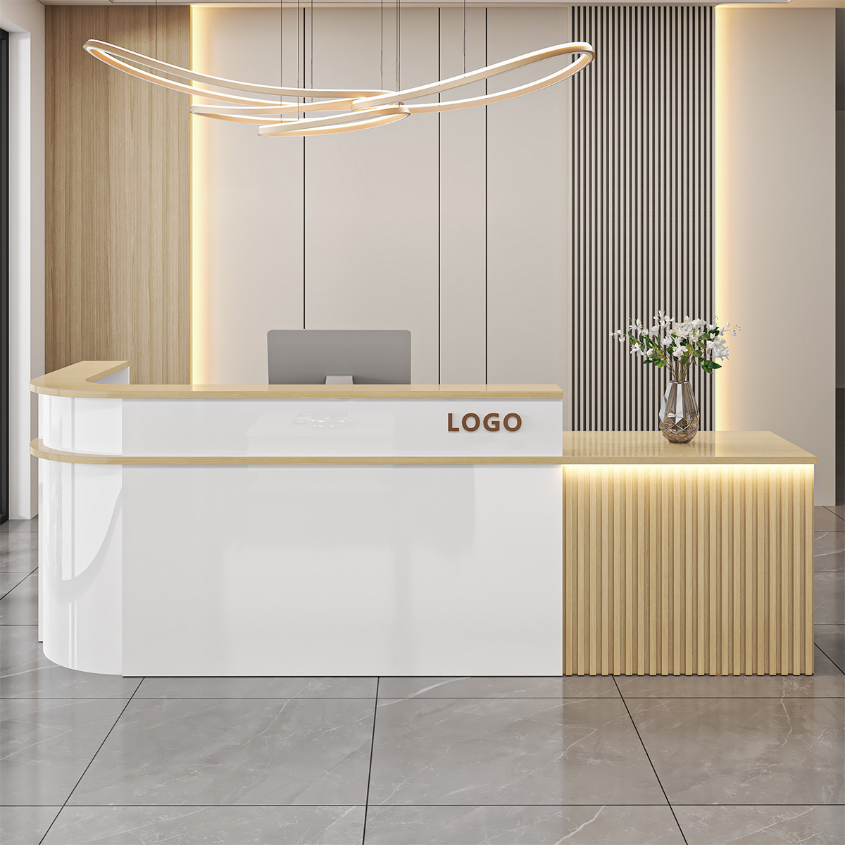 Modern L-Shaped Slatted Reception Desk with Lacquer Finish for Salon & Retail | ArvionFurn