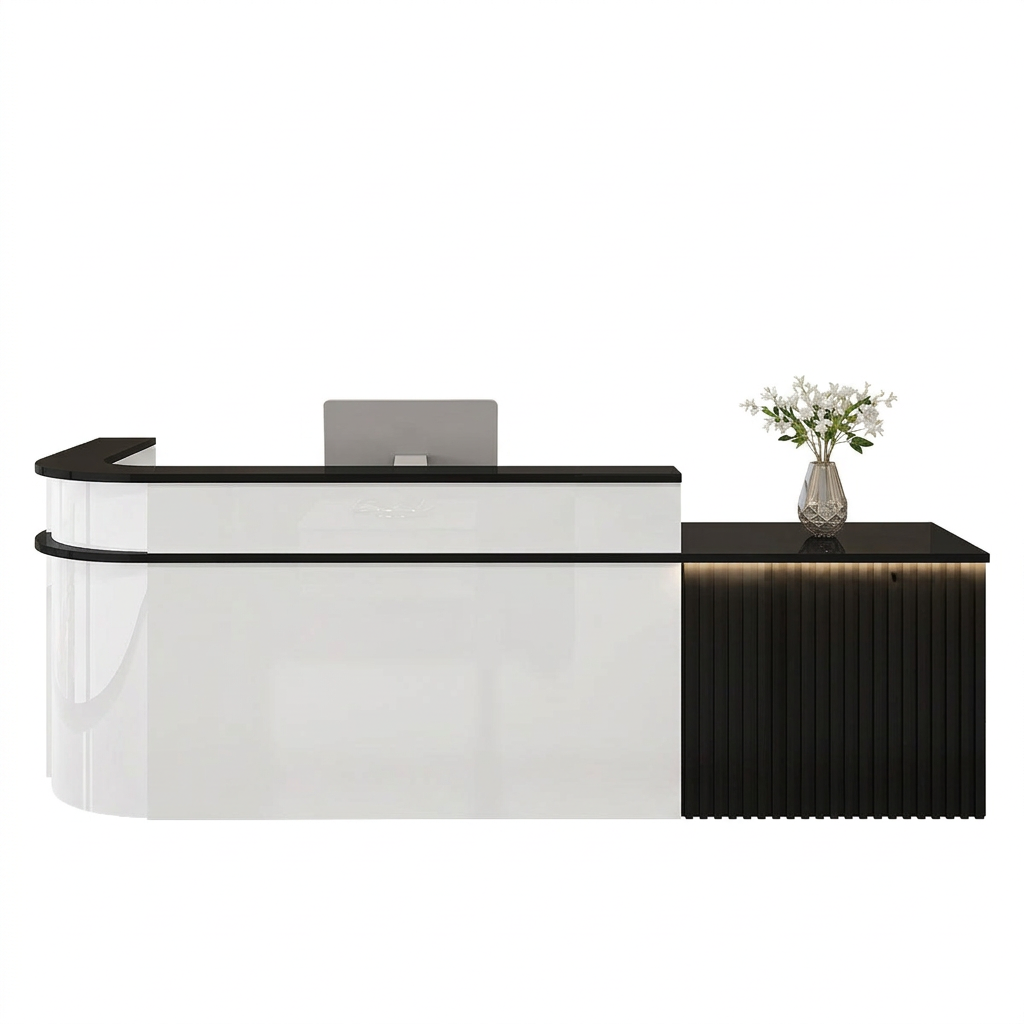 Modern L-Shaped Slatted Reception Desk with Lacquer Finish for Salon & Retail | ArvionFurn