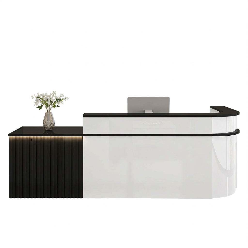 Modern L-Shaped Slatted Reception Desk with Lacquer Finish for Salon & Retail | ArvionFurn