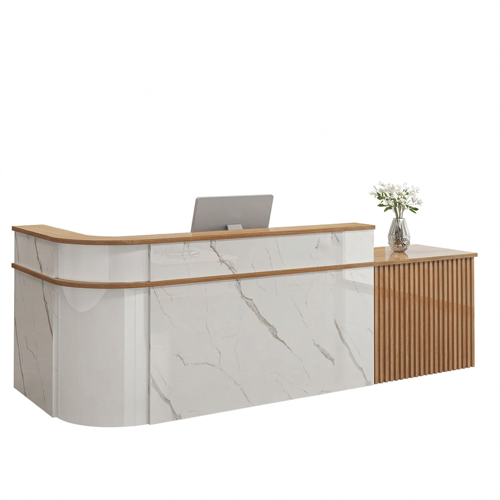 Modern L-Shaped Slatted Reception Desk with Lacquer Finish for Salon & Retail | ArvionFurn