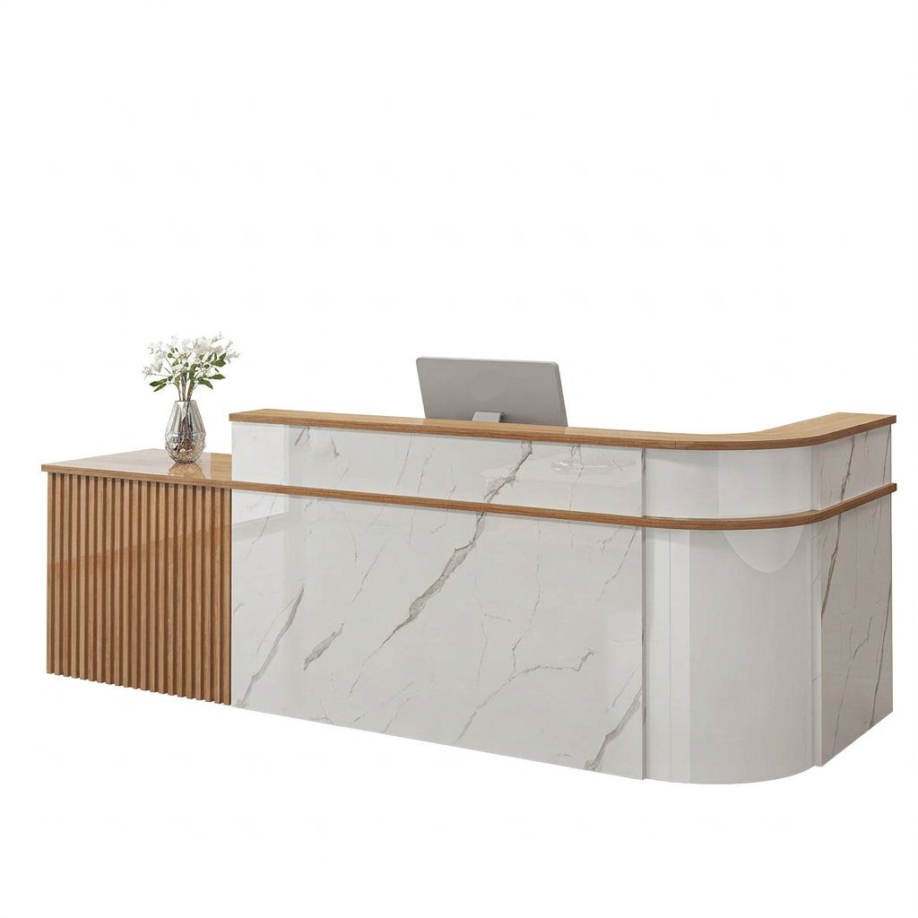 Modern L-Shaped Slatted Reception Desk with Lacquer Finish for Salon & Retail | ArvionFurn
