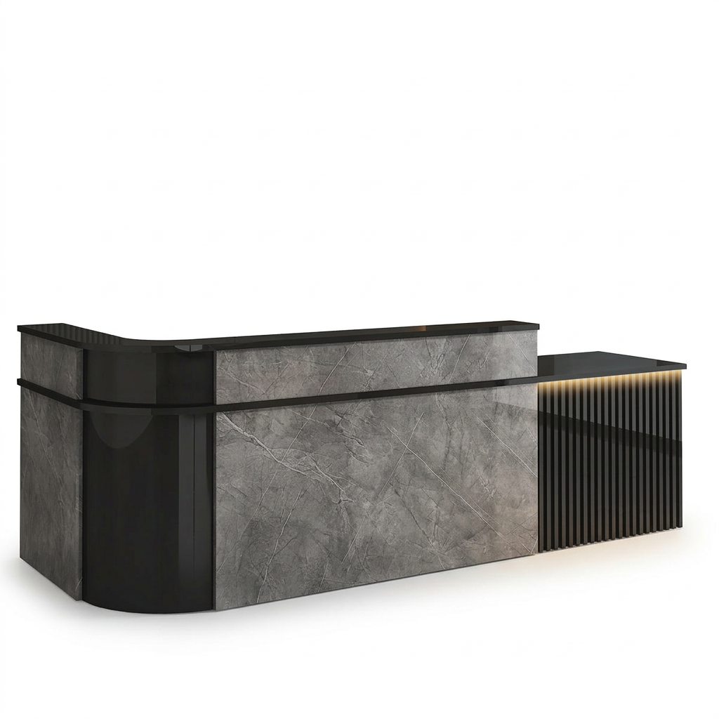 Modern L-Shaped Slatted Reception Desk with Lacquer Finish for Salon & Retail | ArvionFurn