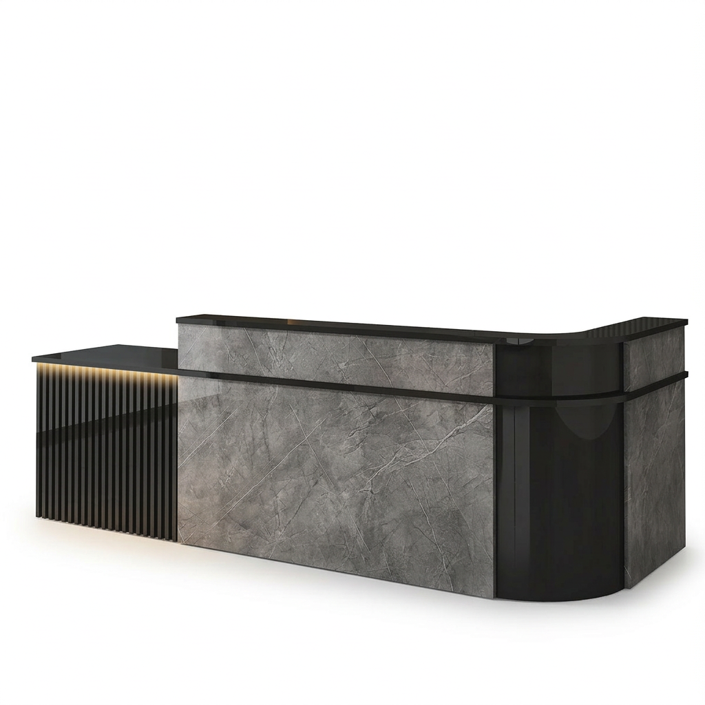 Modern L-Shaped Slatted Reception Desk with Lacquer Finish for Salon & Retail | ArvionFurn