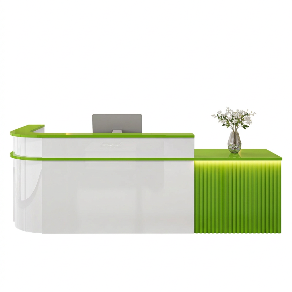 Modern L-Shaped Slatted Reception Desk with Lacquer Finish for Salon & Retail | ArvionFurn