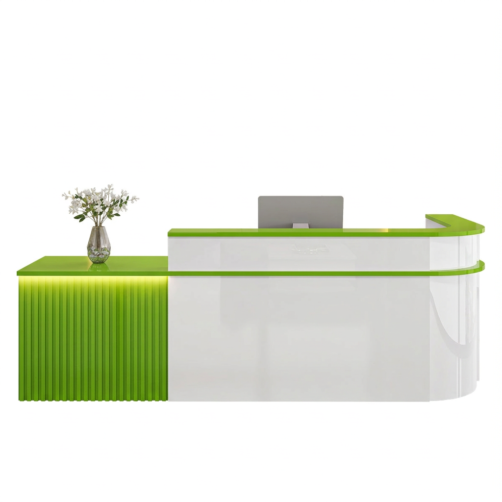 Modern L-Shaped Slatted Reception Desk with Lacquer Finish for Salon & Retail | ArvionFurn