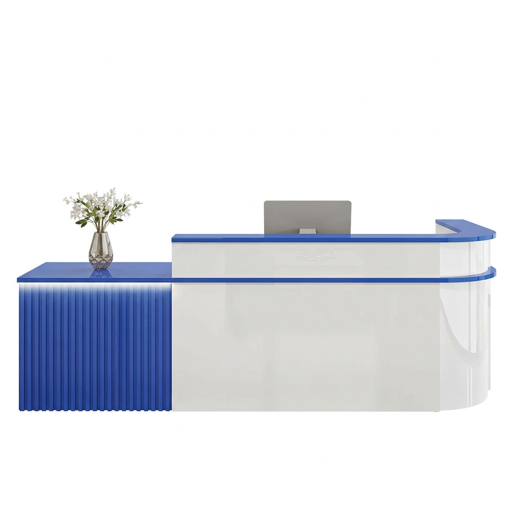 Modern L-Shaped Slatted Reception Desk with Lacquer Finish for Salon & Retail | ArvionFurn