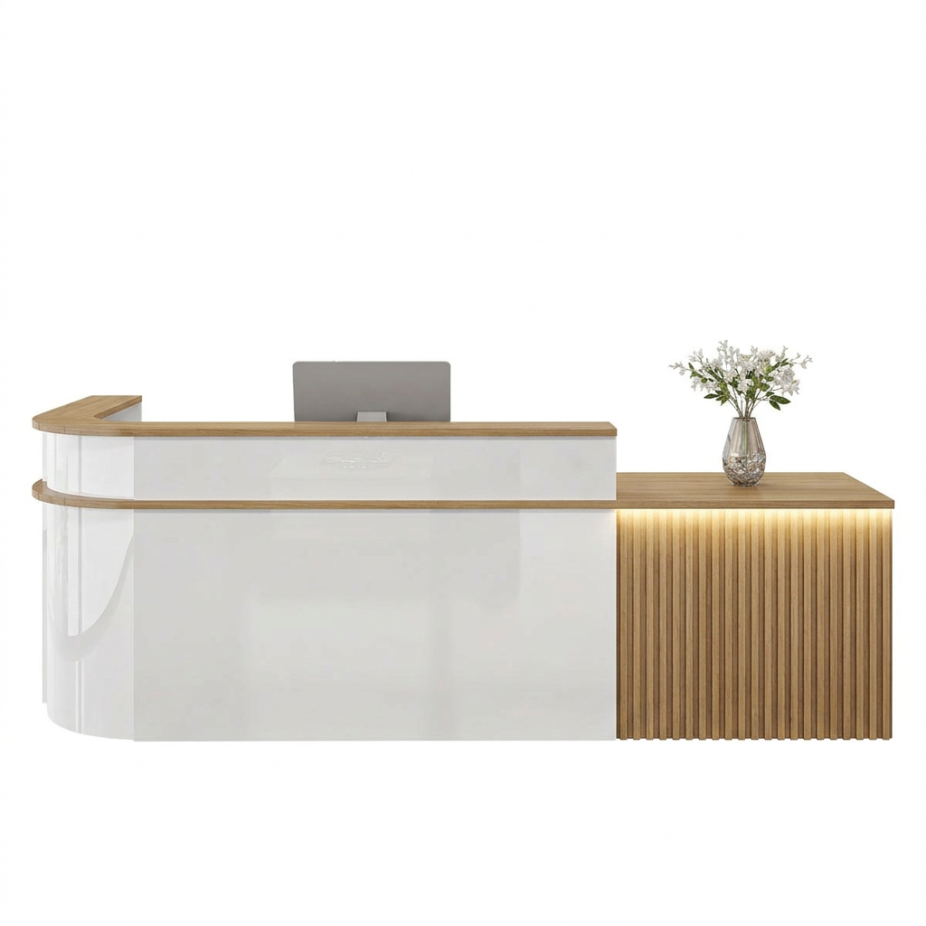 Modern L-Shaped Slatted Reception Desk with Lacquer Finish for Salon & Retail | ArvionFurn