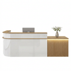 Modern L-Shaped Slatted Reception Desk with Lacquer Finish for Salon & Retail | ArvionFurn