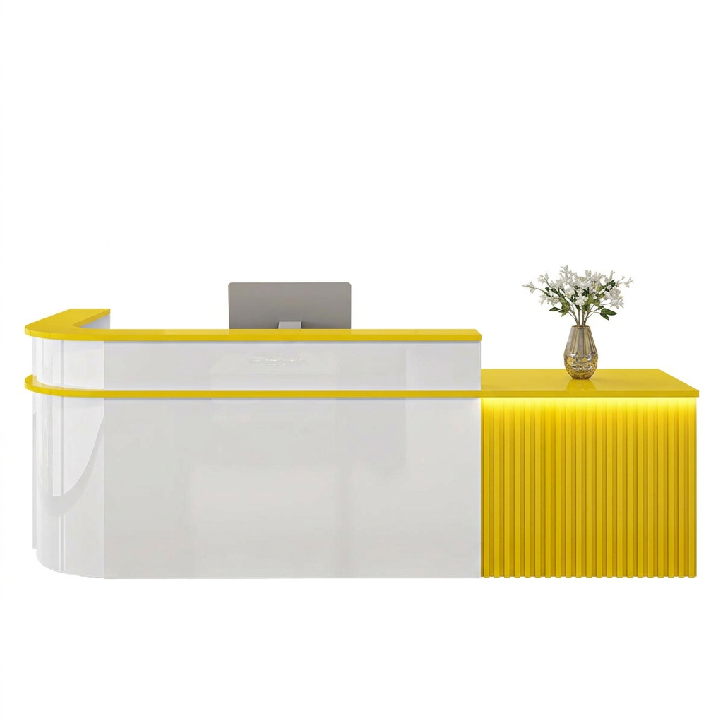Modern L-Shaped Slatted Reception Desk with Lacquer Finish for Salon & Retail | ArvionFurn