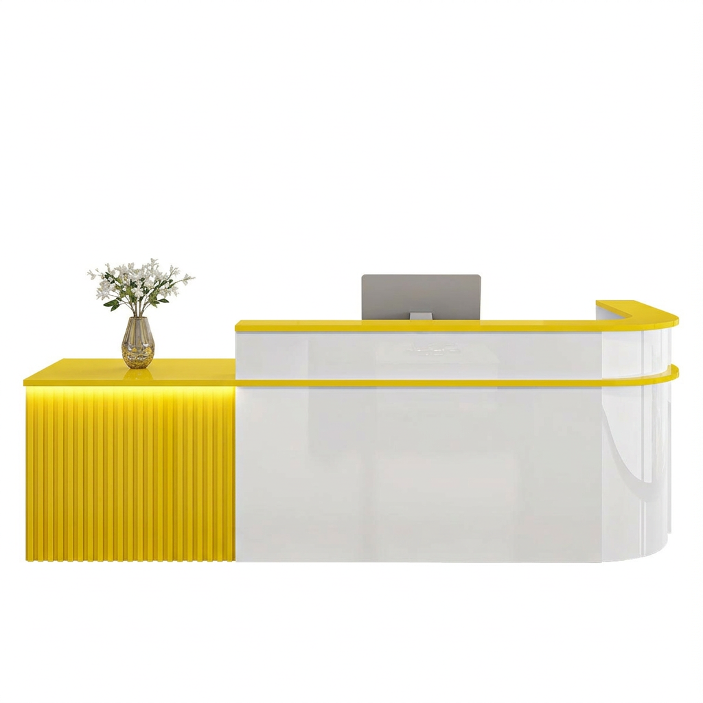 Modern L-Shaped Slatted Reception Desk with Lacquer Finish for Salon & Retail | ArvionFurn