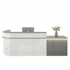 Modern L-Shaped Slatted Reception Desk with Lacquer Finish for Salon & Retail | ArvionFurn