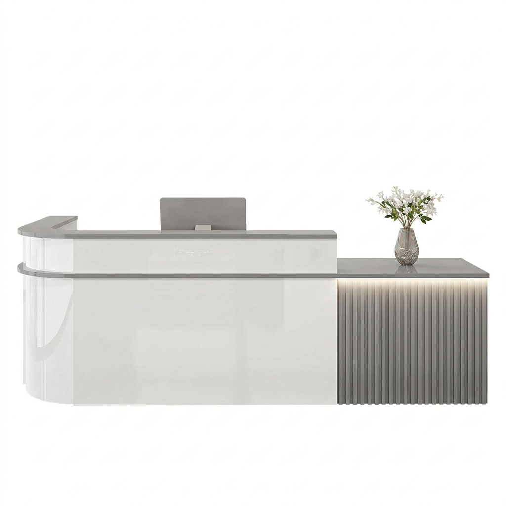 Modern L-Shaped Slatted Reception Desk with Lacquer Finish for Salon & Retail | ArvionFurn