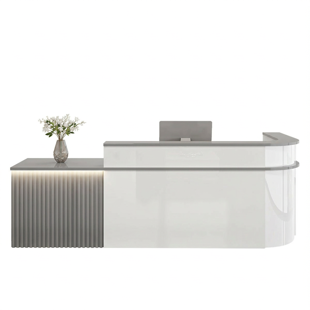 Modern L-Shaped Slatted Reception Desk with Lacquer Finish for Salon & Retail | ArvionFurn