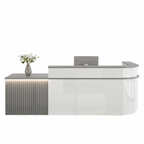 Modern L-Shaped Slatted Reception Desk with Lacquer Finish for Salon & Retail | ArvionFurn