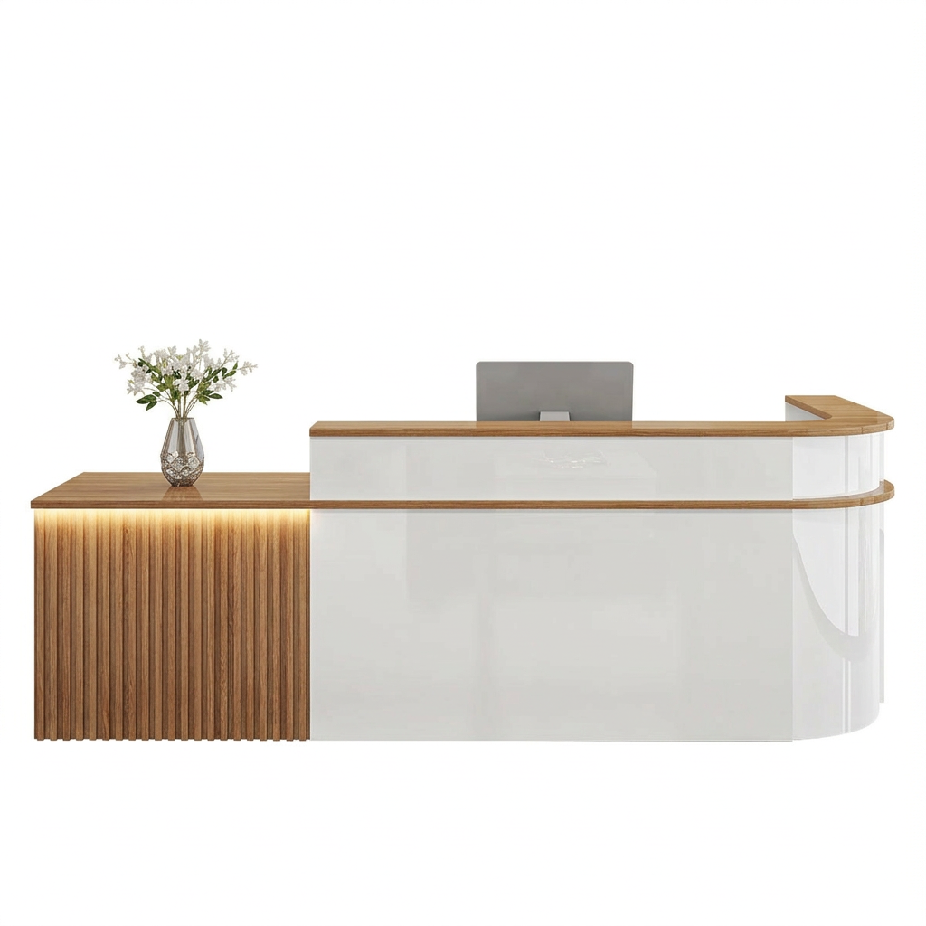 Modern L-Shaped Slatted Reception Desk with Lacquer Finish for Salon & Retail | ArvionFurn