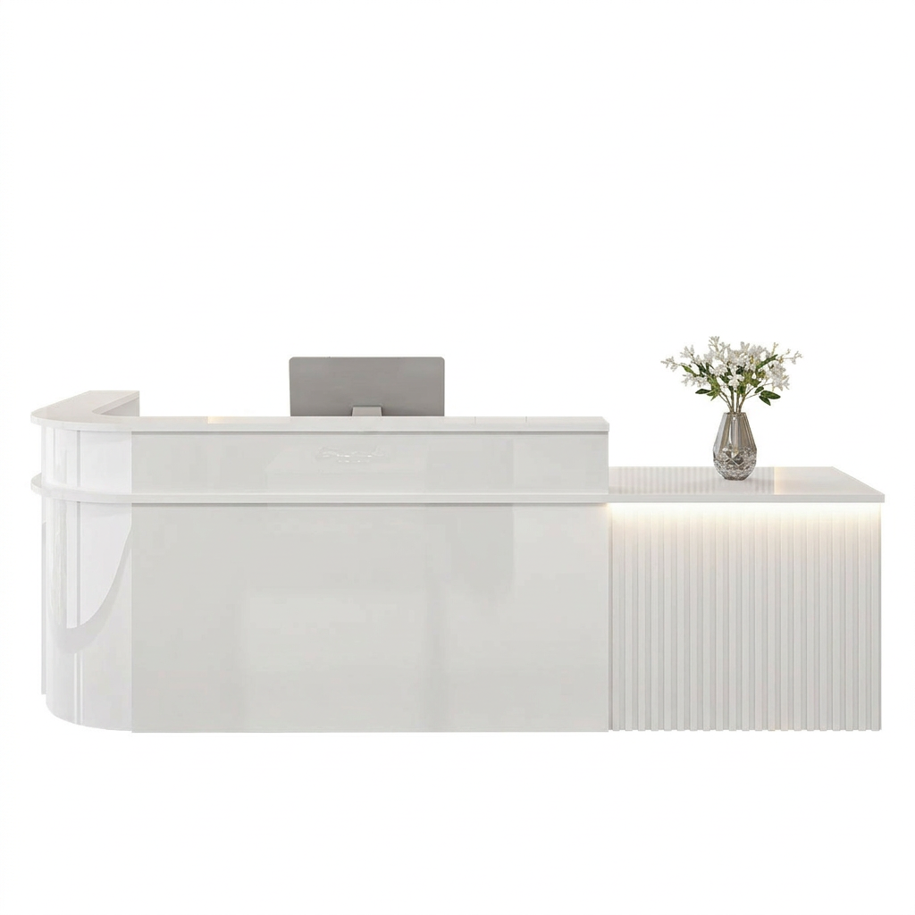 Modern L-Shaped Slatted Reception Desk with Lacquer Finish for Salon & Retail | ArvionFurn