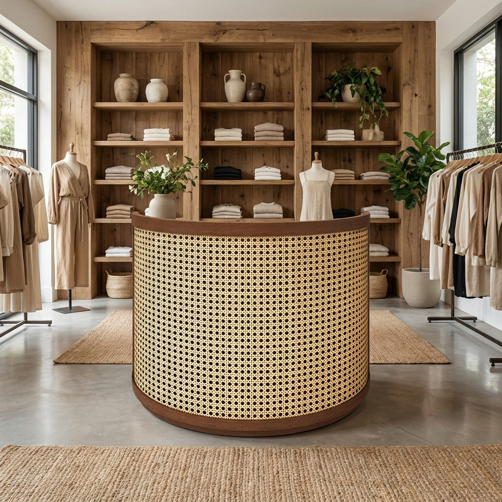 Rattan Curved Reception Desk with Lock Storage 100–260cm