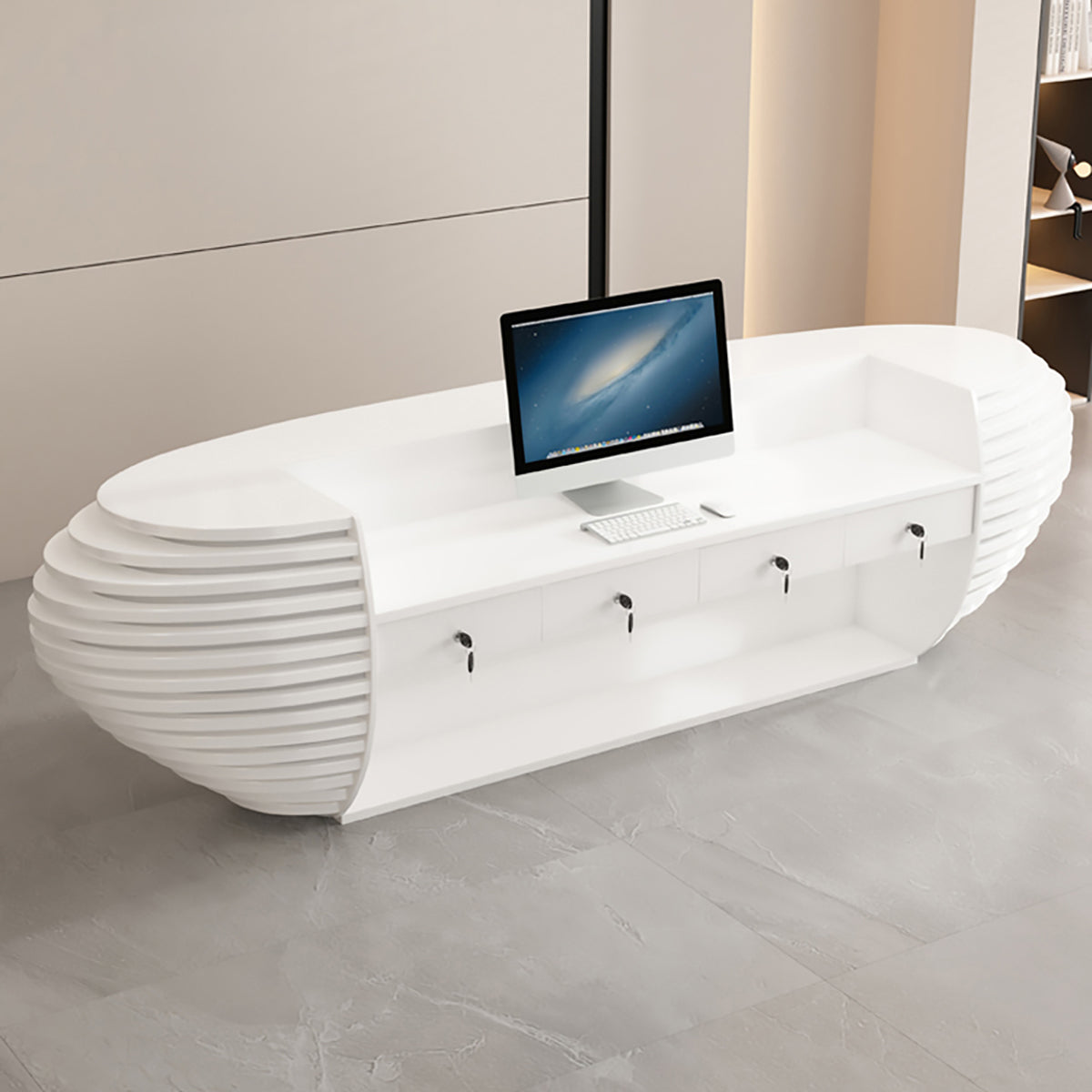 ArvionFurn Large White Lacquer Reception Desk with Multifunctional Storage for Hotels & Offices