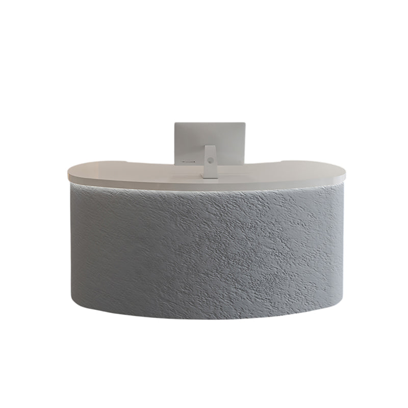 ArvionFurn Curved Reception Counter with Stone-Look Finish, LED Lighting & Wood-Grain Top, 120–400cm