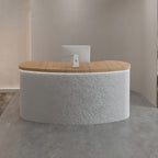 ArvionFurn Curved Reception Counter with Stone-Look Finish, LED Lighting & Wood-Grain Top, 120–400cm