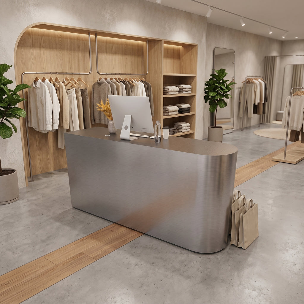 Stainless Steel Curved Reception Desk 80–240cm with Storage