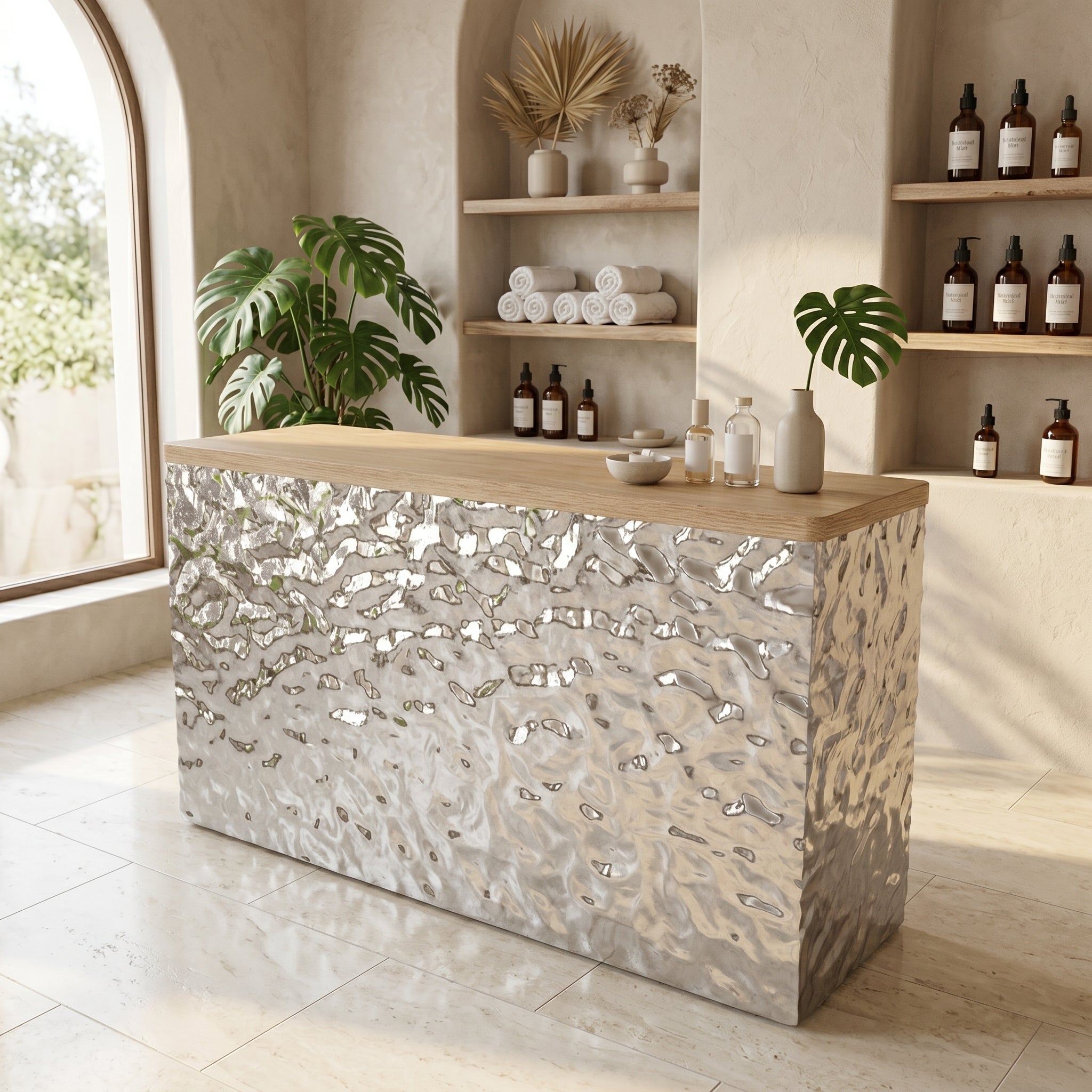 Stainless Steel Reception Desk 120–300cm with Wood Top Option
